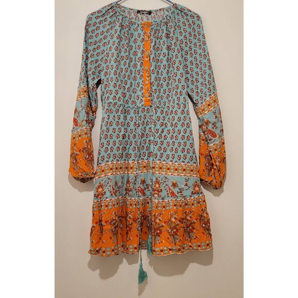 Boho Dress Mini Floral Retro Long Sleeve Tassels Size Small - Picture 2 of 9